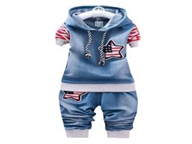 Hopscotch Baby Boys Cotton Star Applique Hoodies and Jeans Sets in Red Color
