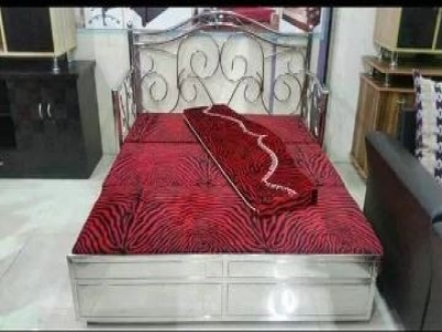 King Size Stainless Steel SS Silver and Red Sofa Cum Bed