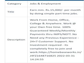 Earn min. Rs.15,000/- per month by doing simple part time jobs.