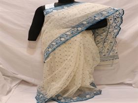Jamdani - Off white with firozi blue and self woven butis and border