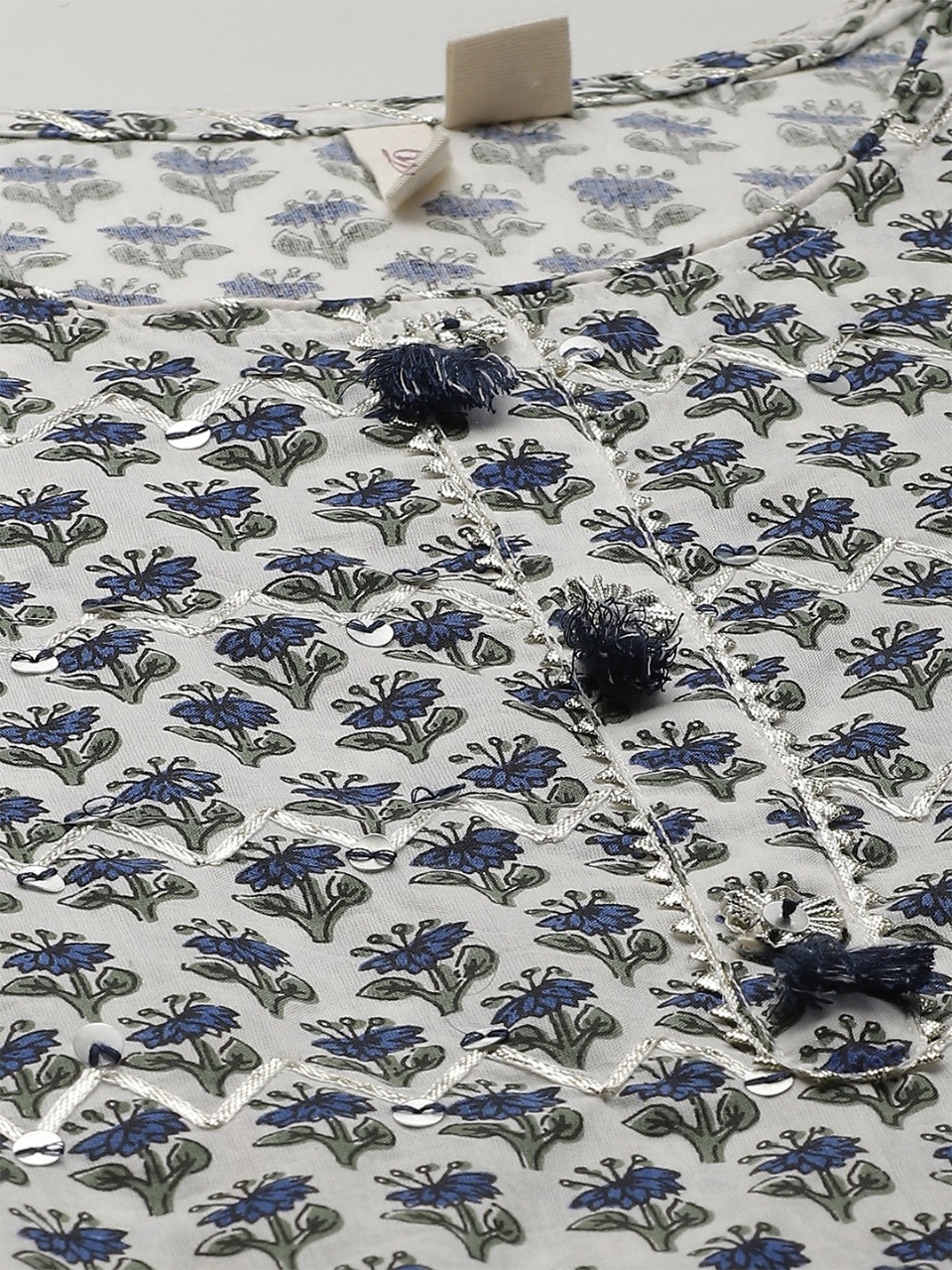 White & Navy Pure Cotton Ethnic Motifs Print Kurta with Palazzos